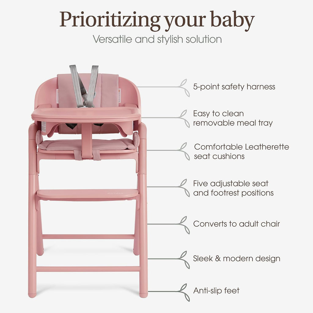 Step and Savor Convertible Wooden Baby High Chair-Rose Petal | Beech Wood Seat, 5-Position Height Adjust, Double