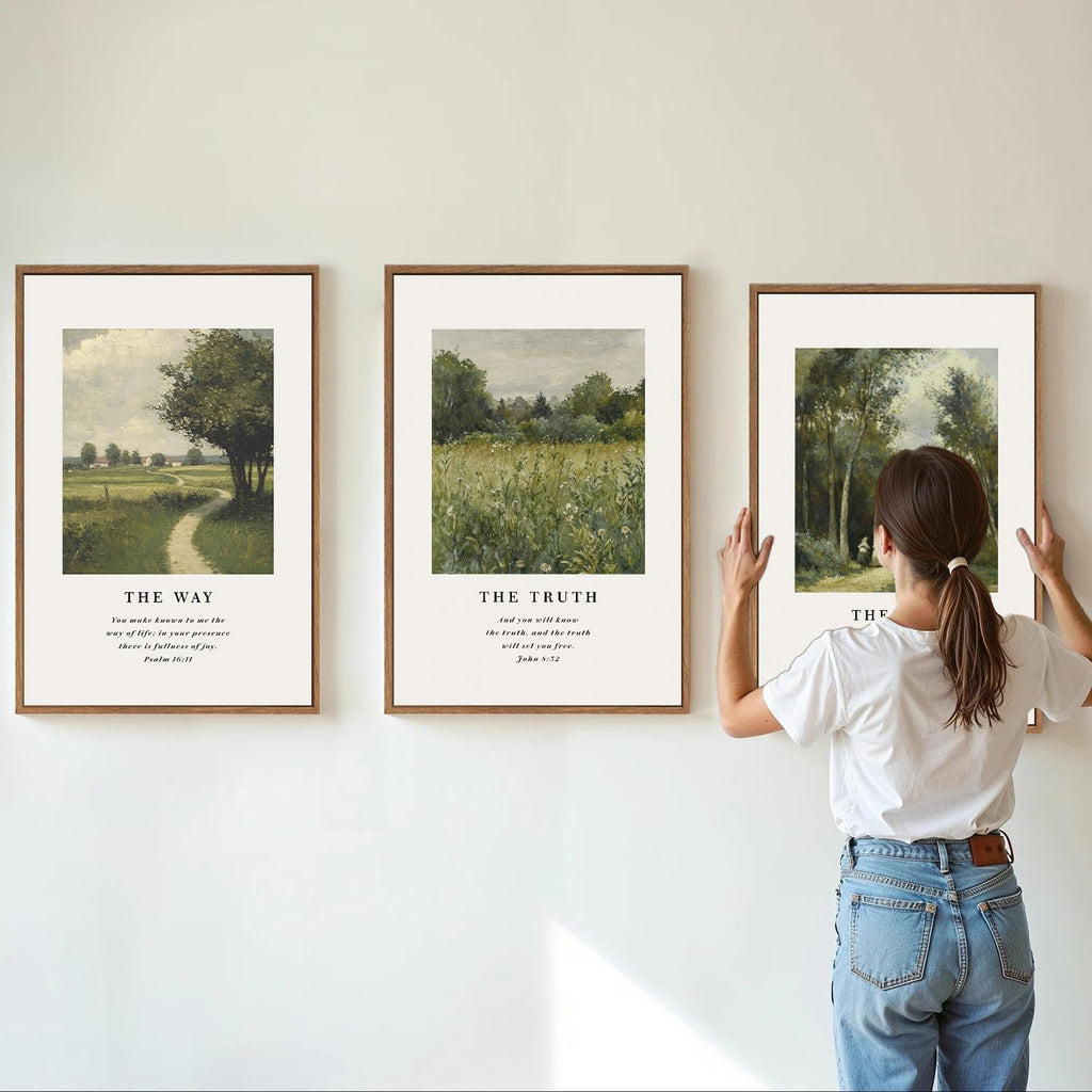 Christian Scripture Framed Canvas Wall Art Set, Jesus Bible Verse Posters Wall Decor, Vintage Monet Nature landscape