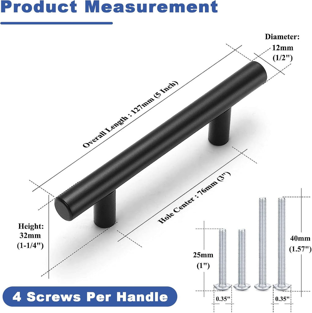 30 Pack Cabinet Handles Matte Black Cabinet Pulls with 3 Inch Hole Center, Stainless Steel Kitchen Cabinet Handles