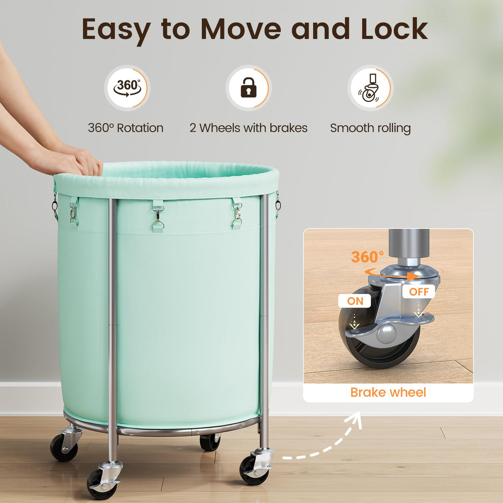 Laundry Basket with Wheels, Round Rolling Laundry Hamper, Mint Green