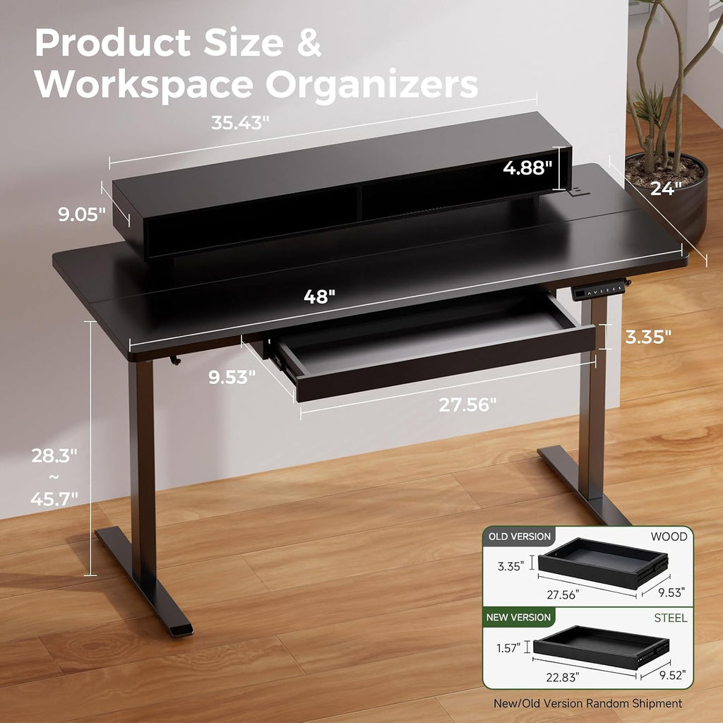 Electric Standing Desk with Drawers, 48 x 24 Inch Height Adjustable Gaming Desk with Monitor Stand, Power Outlets &