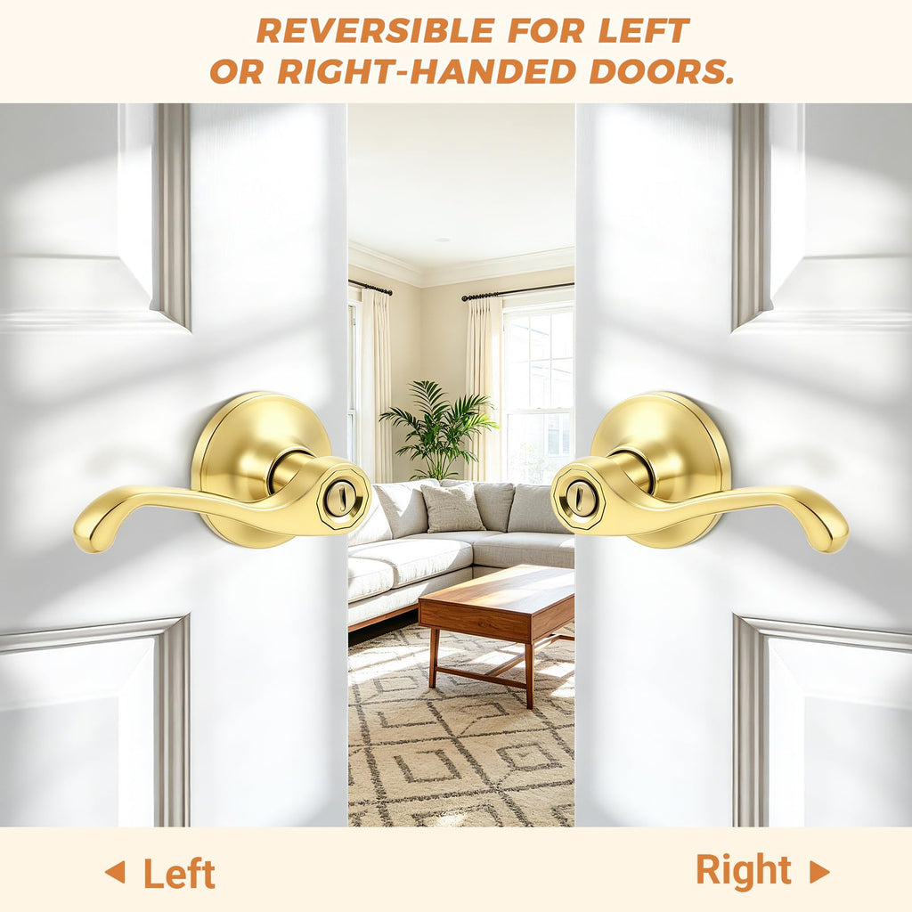 Scroll Privacy Door Lever, Gold Door Handle Interior, Reversible for Left/Right Handed Door, Polished Brass Door