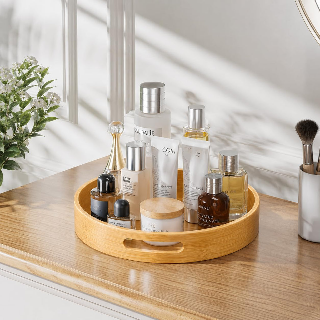 Bamboo Lazy Susan Turntable Organizer 10 in - Round Rotating Spice Rack with Handles,Wood Turntable Cabinet