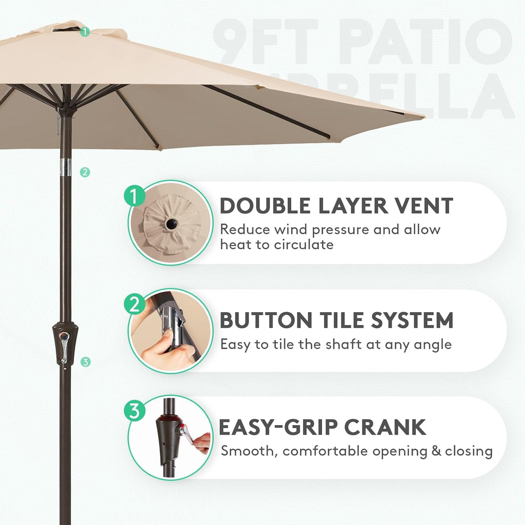 9FT Outdoor Patio Umbrella Outdoor Table Umbrella with Push Button Tilt and Crank - Beige - D455