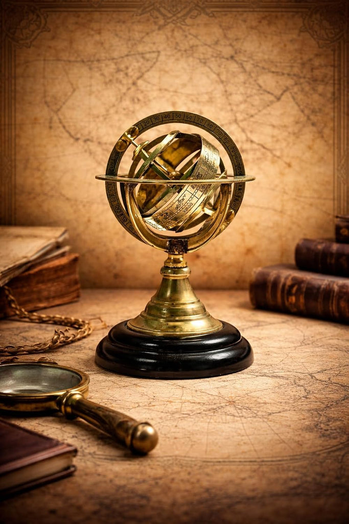 Vintage Brass Armillary Sphere Astrolabe 6 Inch - Antique Nautical Desk Decor, Astronomical Globe Model with Wooden