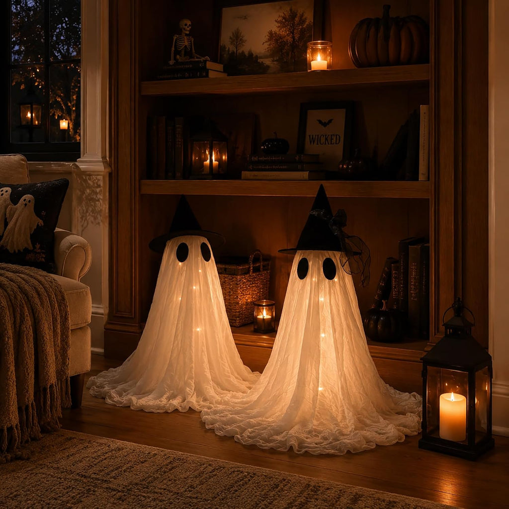 2-Pack Halloween Ghost Decor Set, USB Powered w/Remote Lights - Set of 2