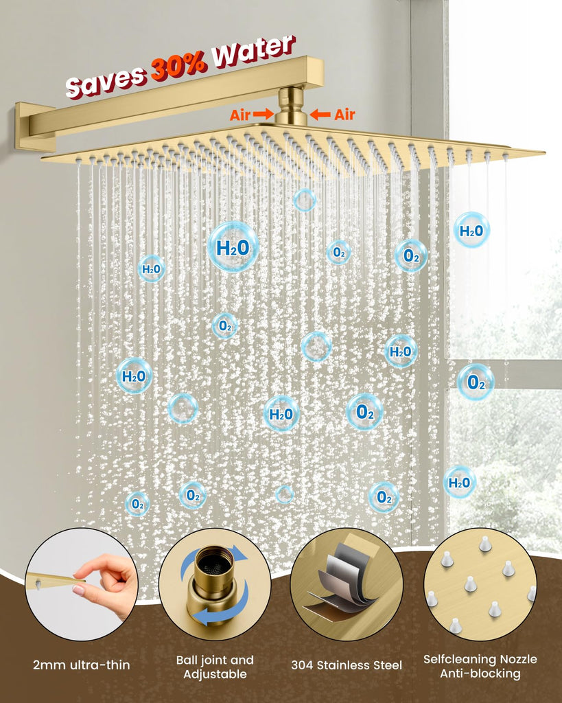 Shower Faucet Set with Handheld Spray Brushed Gold, 16'' Head