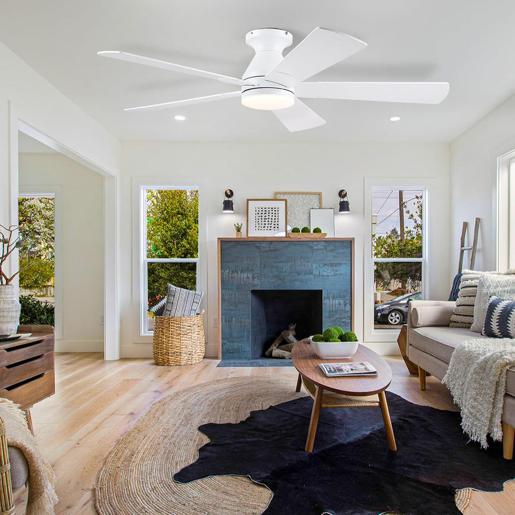 52in Ceiling Fans with Lights - White Flush Mount Ceiling Fan Light with Remote, 6 Wind Speeds and Reversible, Modern Low Profile Fan Light for Indoor/Covered Outdoor A101-B0DTD1M3KT