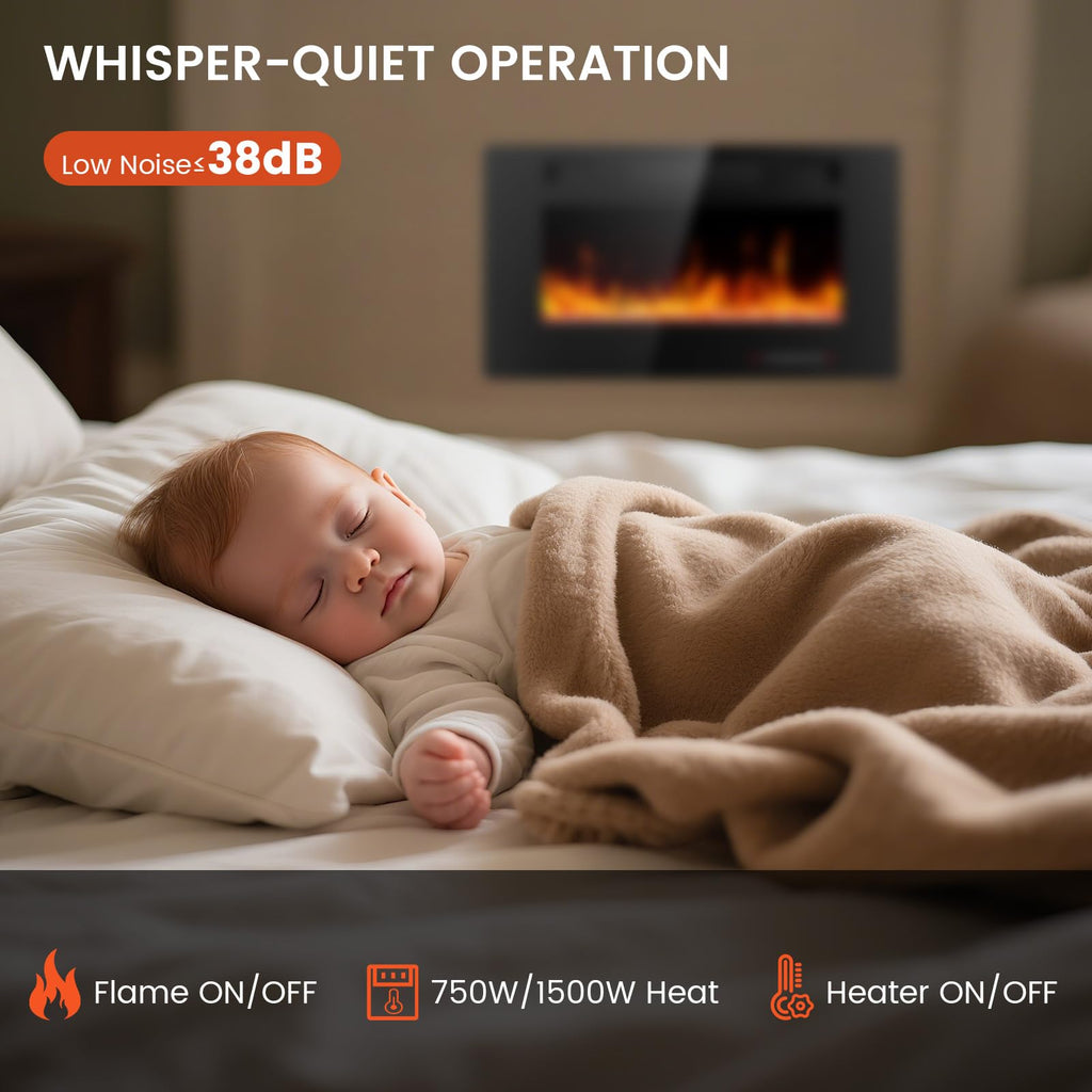 Electric Fireplace 30 inch, Recessed and Wall Mounted Electric Fireplace with Remote Control, Fireplace Heater