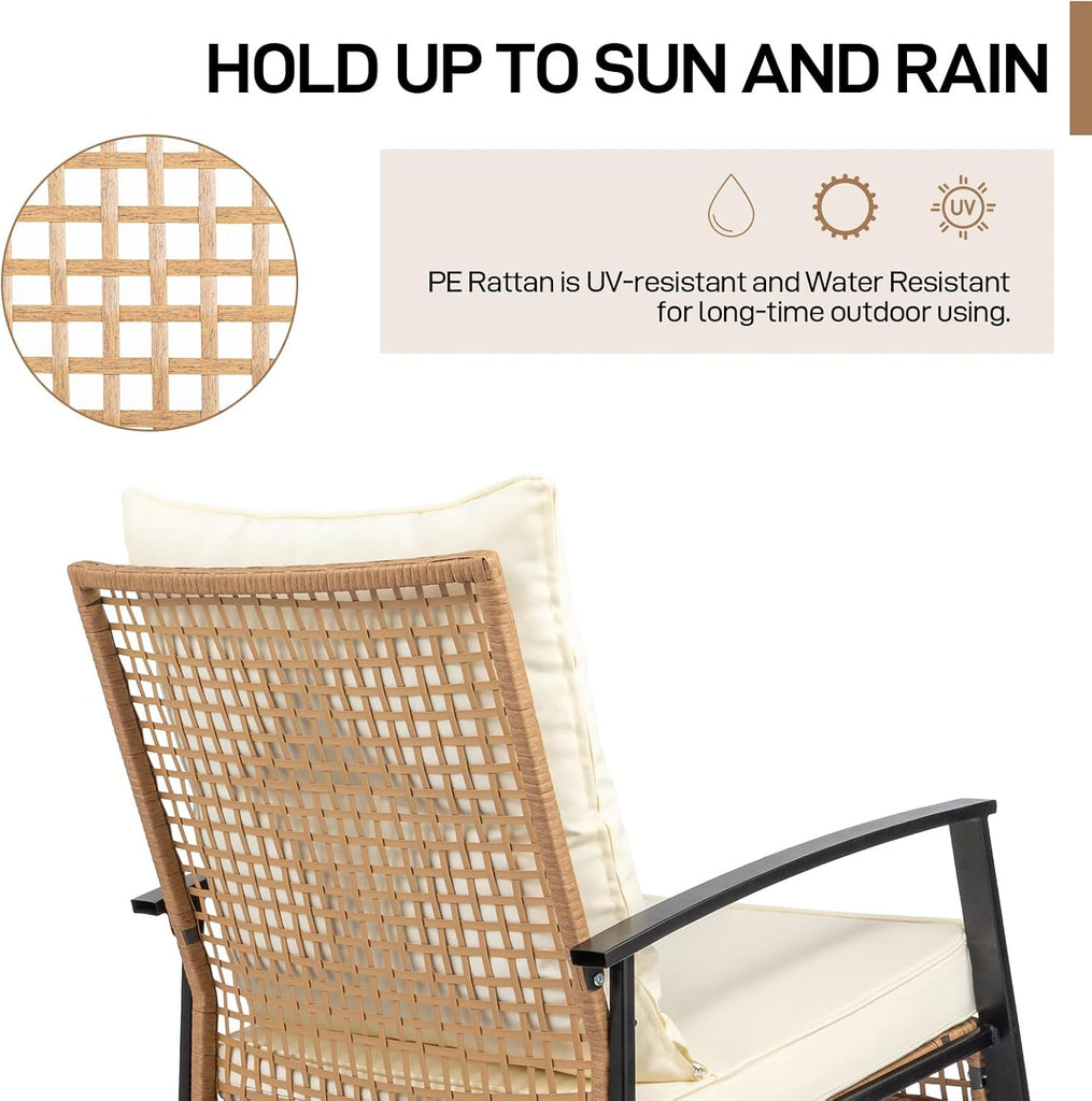 3-Piece Outdoor Rocking Bistro Set, Patio Furniture Set w/Soft Thick Cushions & 2-Tier Coffee Table, Rattan