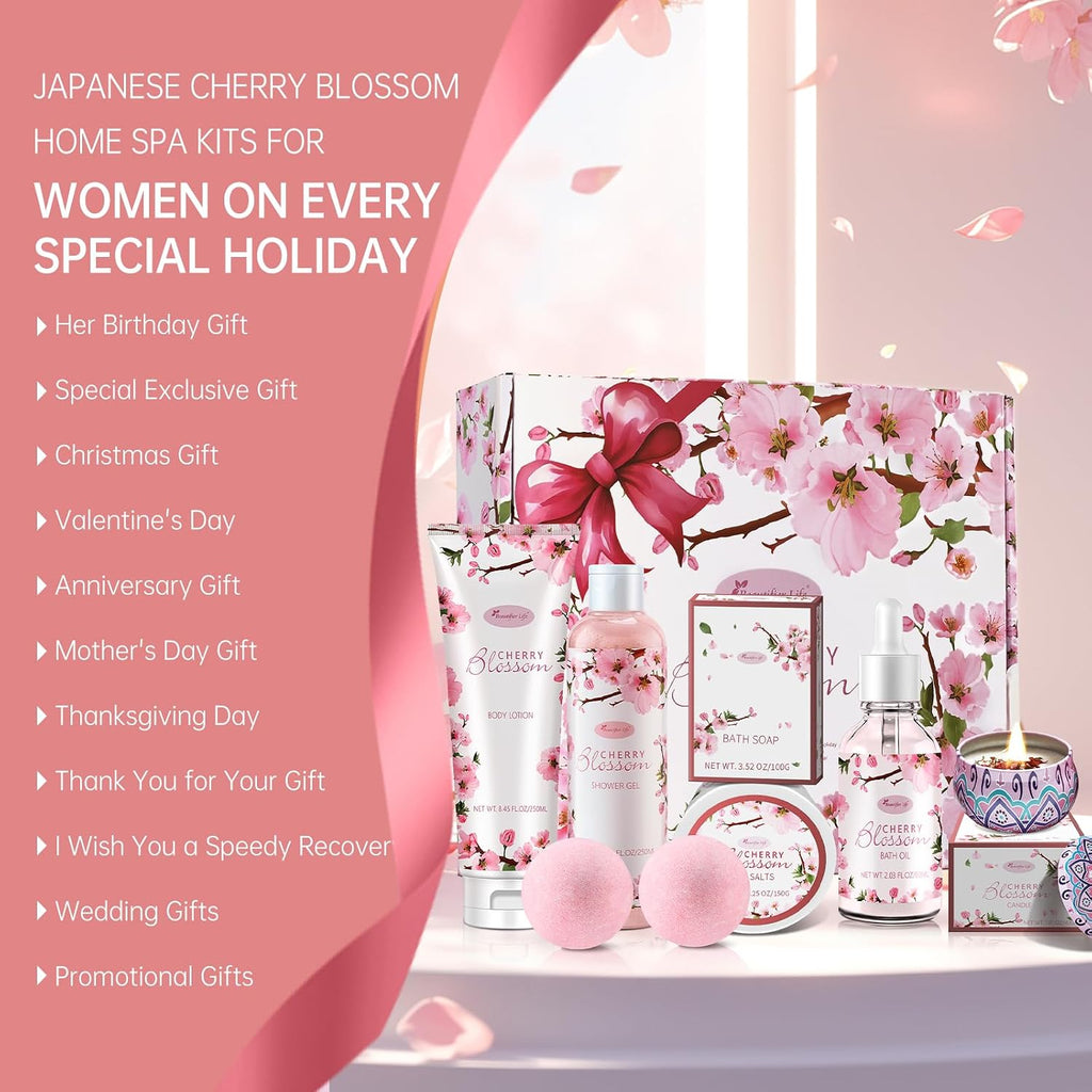 Bath and Body Gift Set for Women - Luxurious Home Spa Gift Set,Japanese Cherry Blossom 7-Piece Set Including Shower - Set of 7