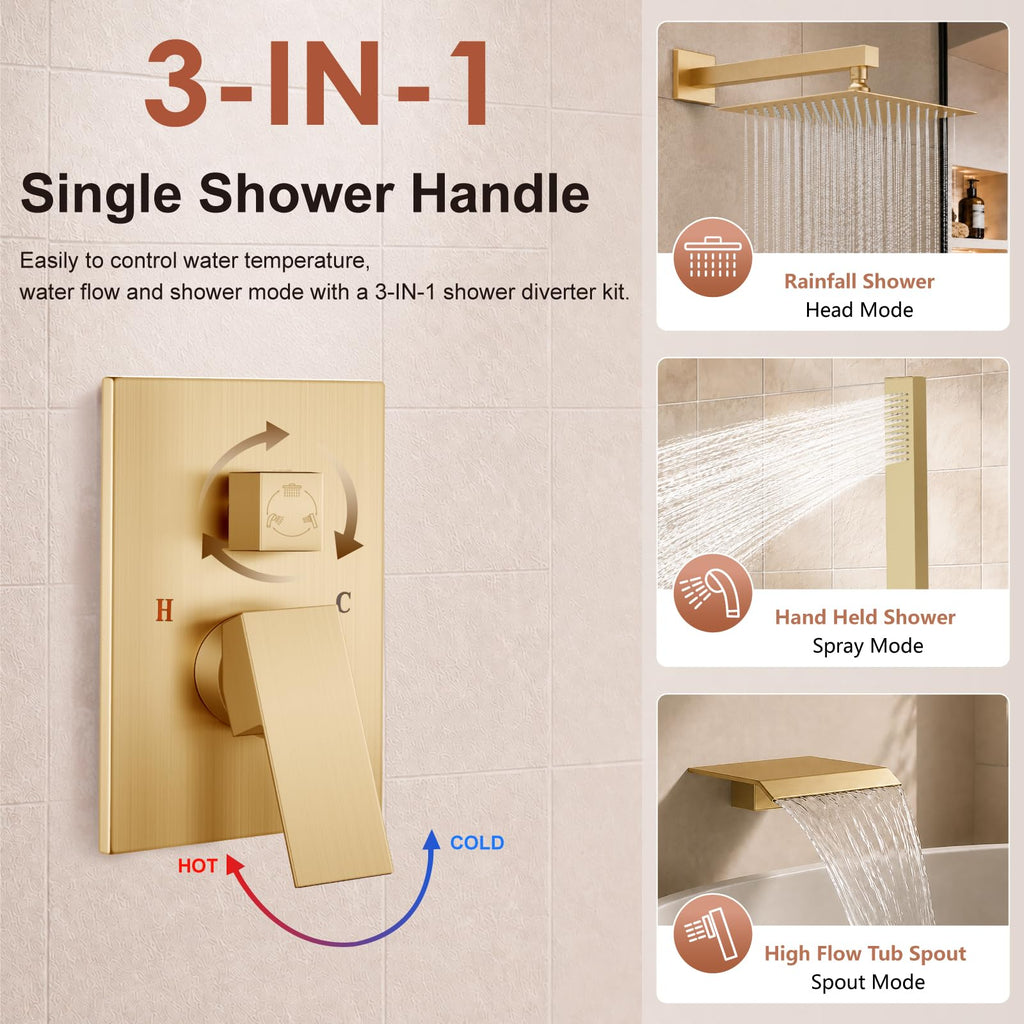 Shower System with Tub Spout, 10 Inch Shower Head, Brushed Gold