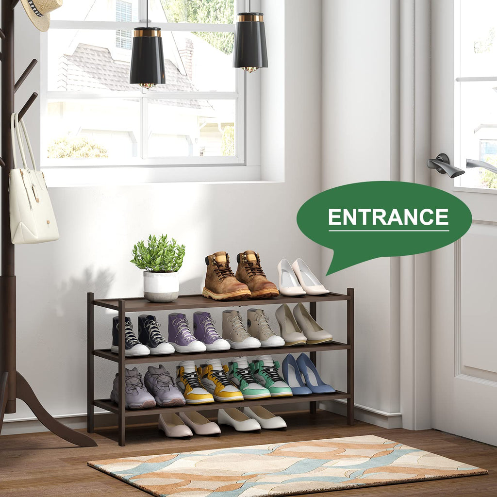 3-Tier Long Shoe Rack, Bamboo Wood Shoe Rack, Stackable | Foldable | Natural, Shoe Organizer Closet, Free Standing