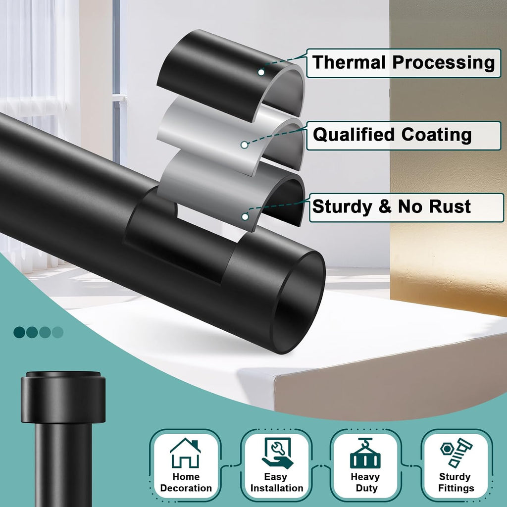 Heavy Duty 1" Adjustable Curtain Rod, 72-144 Inch Extra Long, Rust-Resistant Matte Black