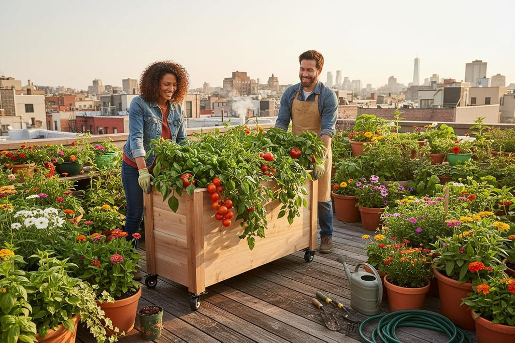 Tall Cedar Planter Box with Locking Wheels - Mobile Raised Garden Bed , Balcony & Business Entrances - Wooden Planter