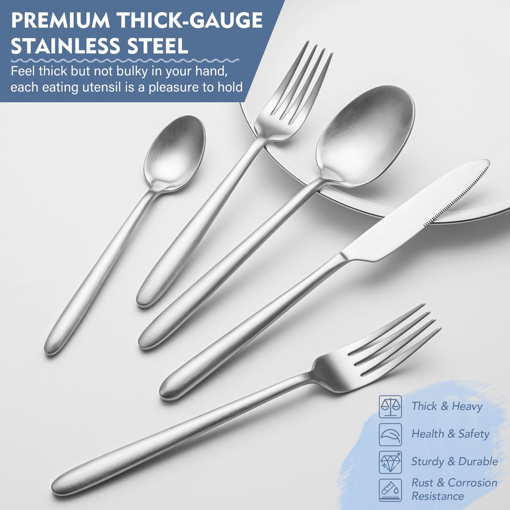 Heavy Duty Silverware Set, 40-Piece Premium Stainless Steel Flatware Sets For 8, Matte Brushed Finish Cutlery