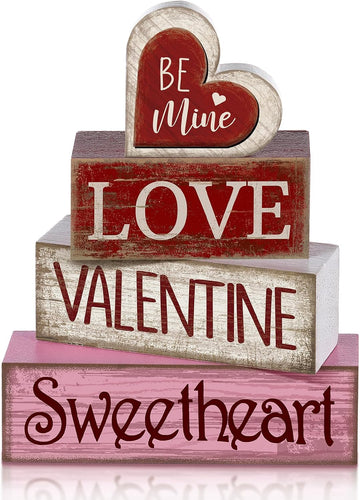 Wooden Valentine Block Signs Tiered Tray Decor - Set of 4
