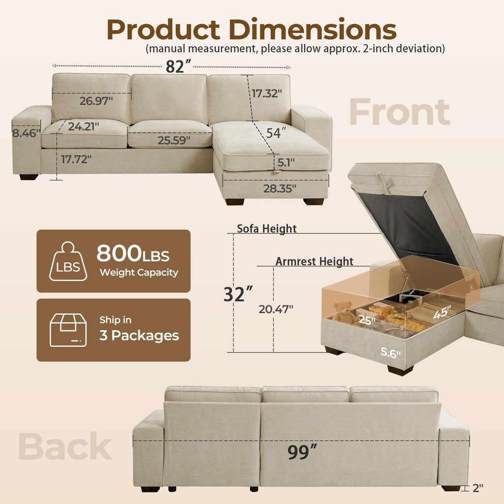 99" L-Shaped Sofa with Storage Chaise, Modern Sectional Couch, Beige