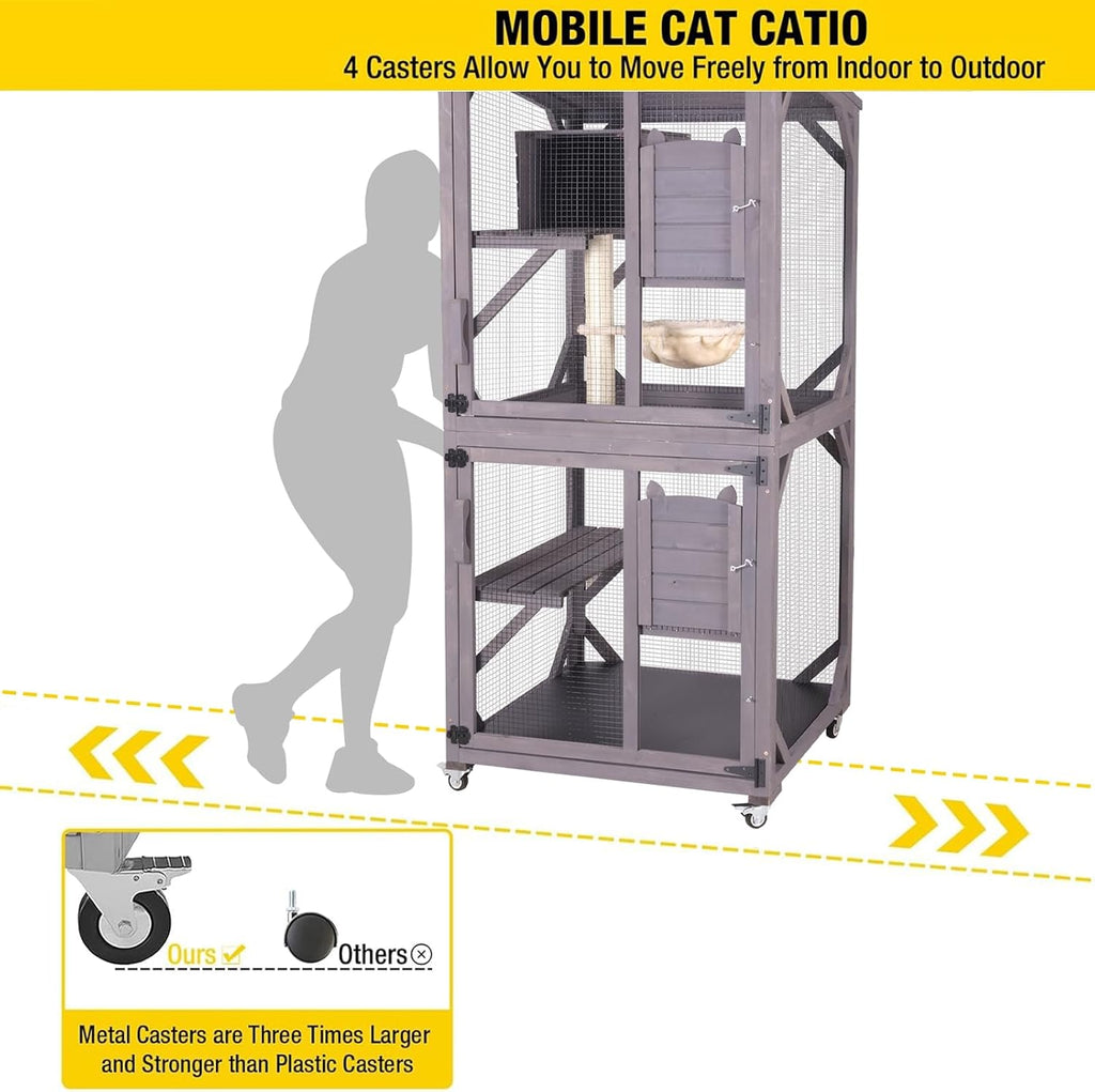 Cat House Outdoor Cat Catio Wooden Large Enclosure with Run on Wheels 70.9" Upgraded Version Catio with Reinforcement