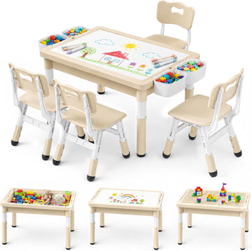 In-1 Kids Table and 4 Chairs Set, Reversible Tabletop, Khaki