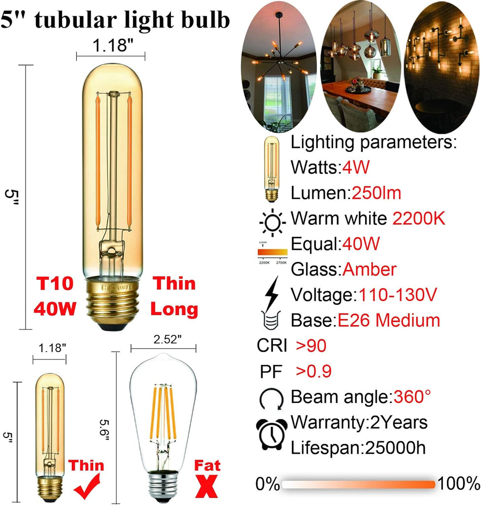 T10 Tubular E26 Light Bulb,Dimmable,Amber Light Bulbs,4w 2200K