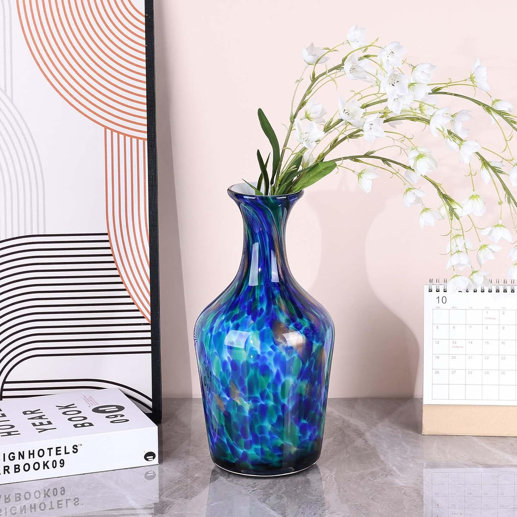 Hand Blown Glass Vase Teal Mosaic (Blue Green Splash) - Murano Inspired Art Glass Vase with Wide Mouth for Flowers