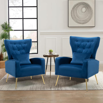 Button-Tufted Living Room Chairs Set of 2, WingBack Velvet Accent Chair Armchair with Lumbar Pillow, Bedroom Chairs