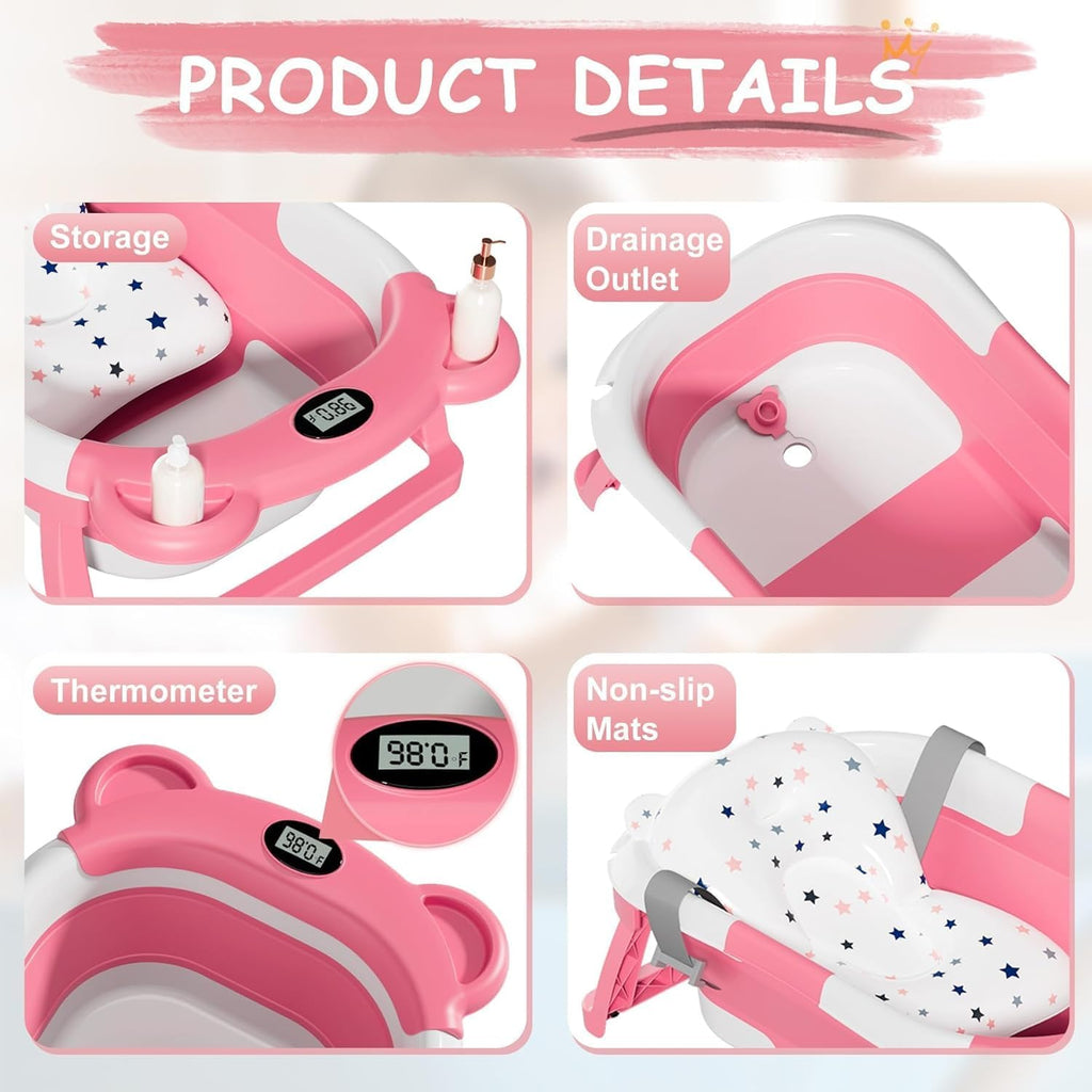 Collapsible Baby Bathtub, Baby Bath Tub with Soft Cushion & Real-Time Thermometer, Baby Bathtub Infant to Toddler Tub