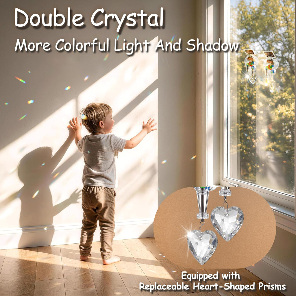 Solar Powered Rotating Prism Suncatcher, Replaceable Heart-Shaped Prism, Double Crystal Window Decor, Vibrant Home &