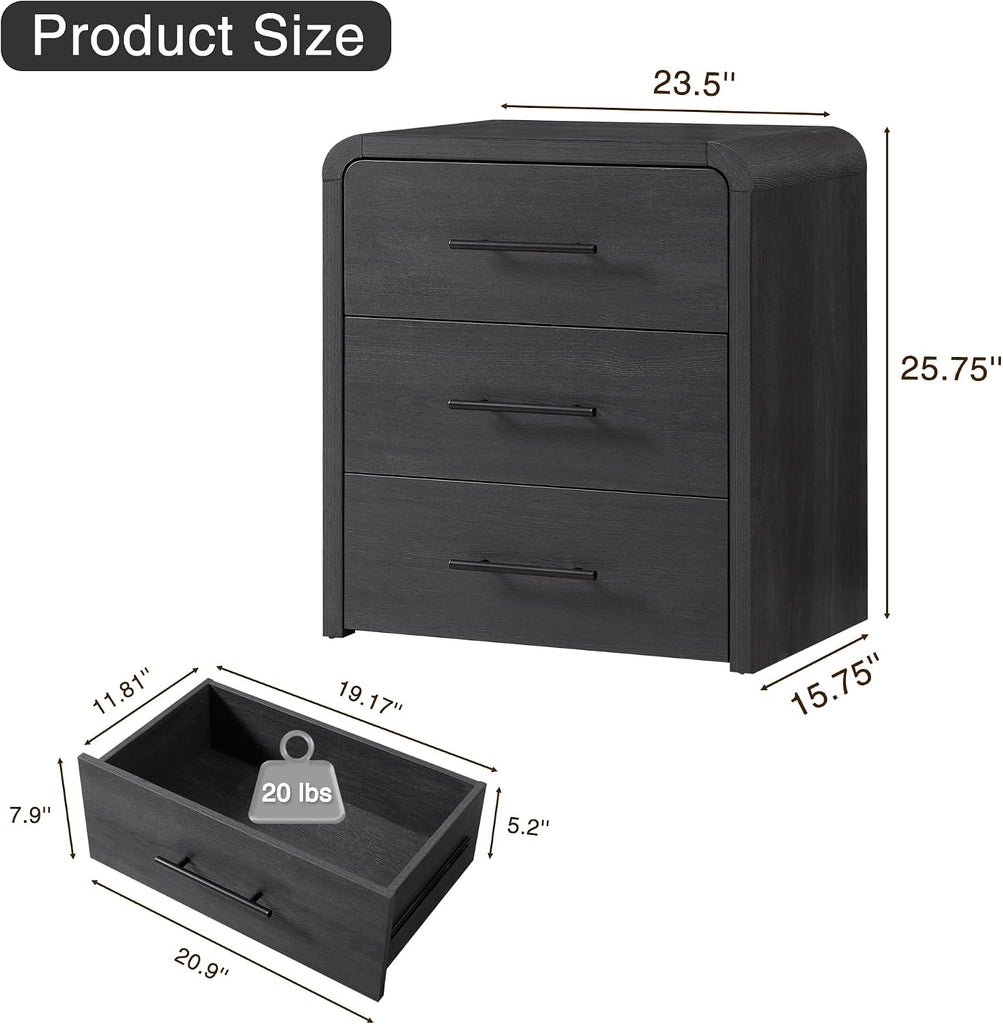 Nightstand Set of 2, 23.6" Modern Curved Nightstand with 3 Drawers, Wood Bedside Table , Large Storage End Table