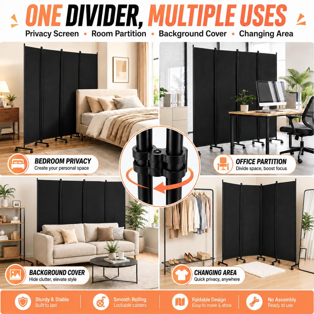 Room Divider, 4-Panel Folding Privacy Screenwith Locking Wheels Wide Feet, PortablePortable with Opaque Canvas and