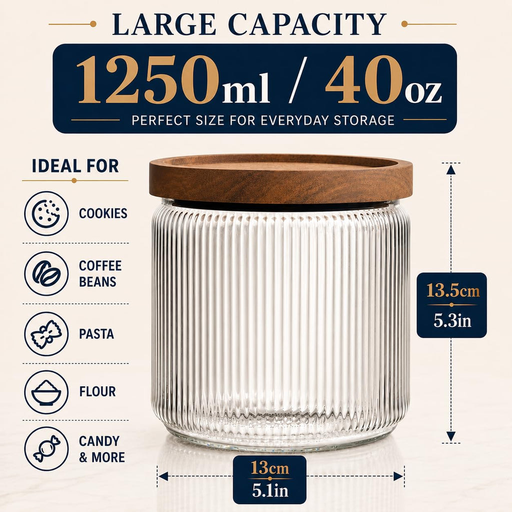 Ribbed Glass Jar, Stackable & Airtight Wooden Lid- Storage Canister for Cereal, Pasta, Rice/Flour - High End Look