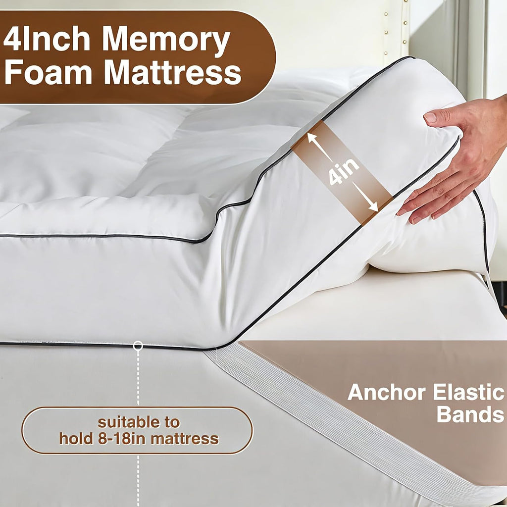 4 Inch Memory Foam Mattress Topper Queen for Back Pain Relief, Extra Soft Pillow Top Mattress Topper, 2000GSM Fluffy