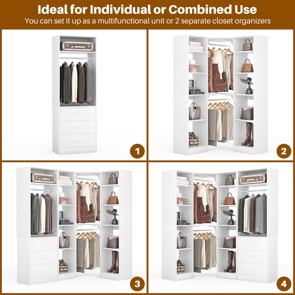 Corner Closet System with 3 Drawers, Corner Closet Organizer System