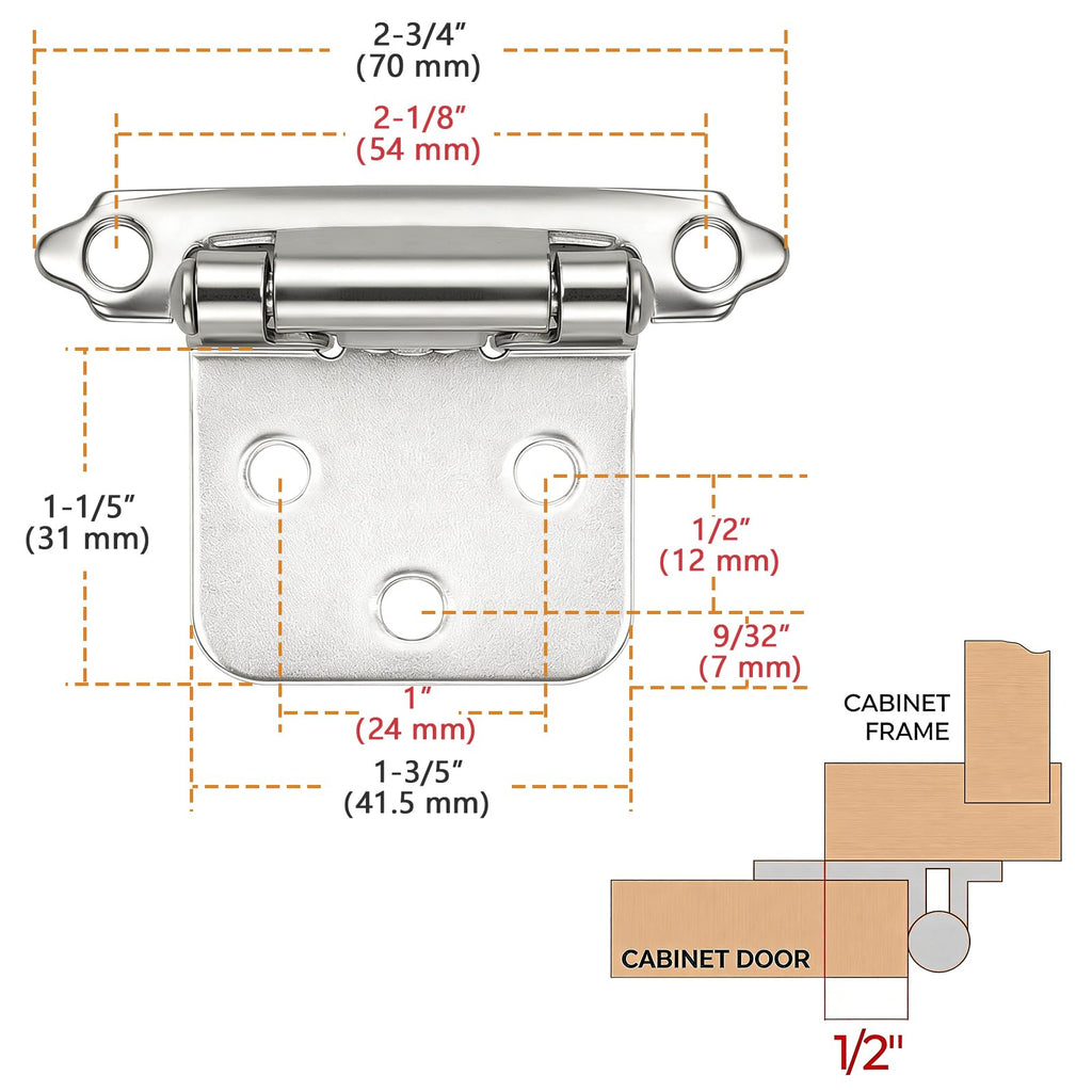 50 Pack (25 Pairs) Brushed Nickel Cabinet Hinges, 1/2" Overlay (Variable) Hinges Cabinets, Decorative Self Closing