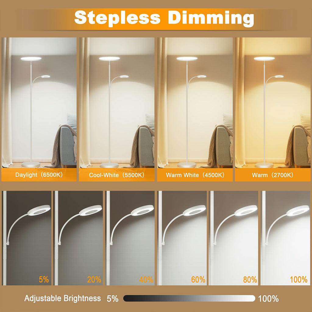 White Floor Lamp, 42W Super Bright LED Room Lamp with Adjustable Reading Light, Dimmable Modern Standing Lamp