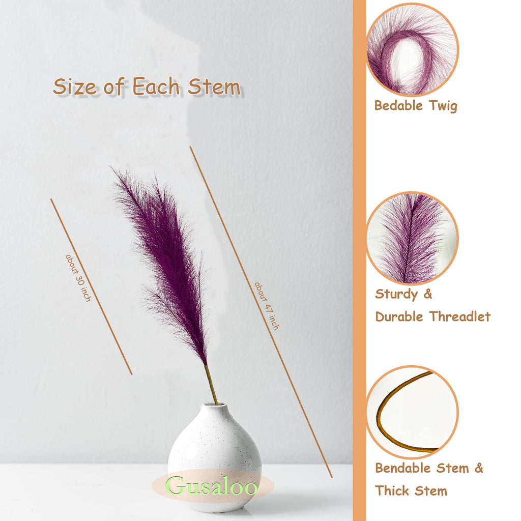 Artificial Faux Pampas Grass Large, 47"/120cm Bundle of 3 Fake Artificial Pampas Grass Tall Fluffy Stems, Floor Vase