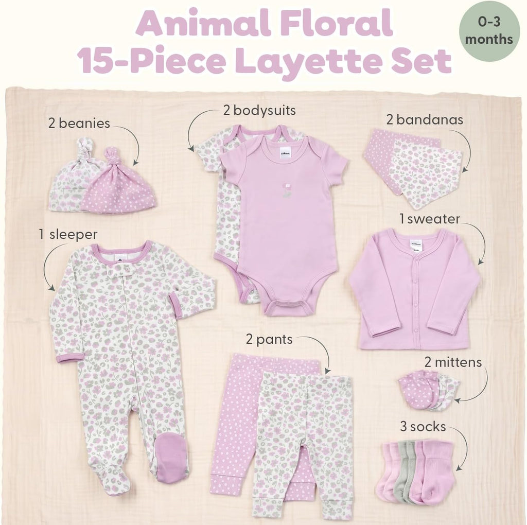 15pc Newborn Girl Clothes, 0-3 Months Baby Outfits Gift Set