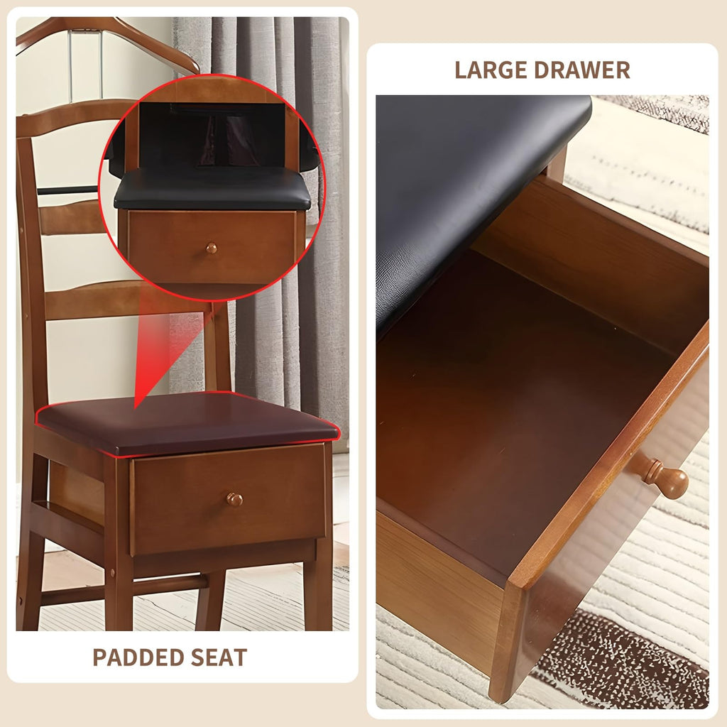 Chair Valet with Drawer and Tray for Men Women's Clothes, Watches Keys Wooden Suit Rack Valet Stand, with Contour