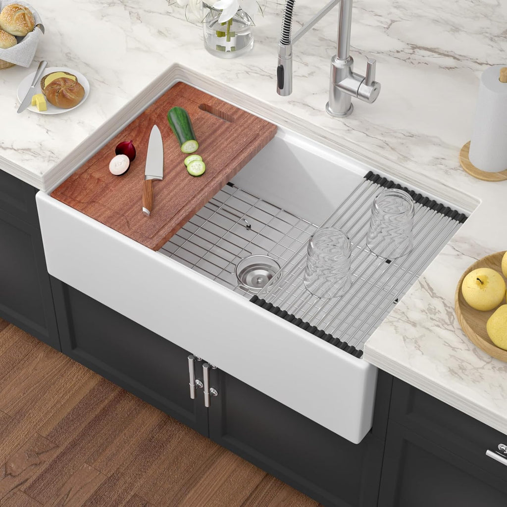 White Fireclay Farmhouse Sink Workstation - 33 Inch White Apron Front Fireclay Farm Sink Large Deep Ceramic Single