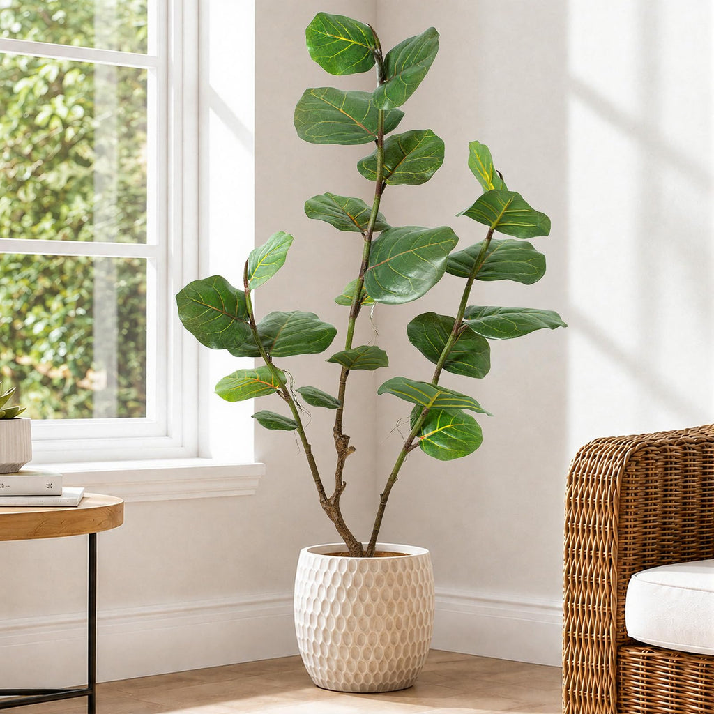 Faux Fiddle Leaf Fig Tree, 4 Ft Artificial Ficus Audrey Plant with Realist Aerial Roots, Fake Plants Indoor with Pot