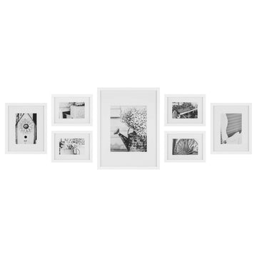 Multi-Size Picture Frame Set 7 Pack, White Gallery Wall Frames with Hanging Hardware, Clear Glass - One 12x16, Two