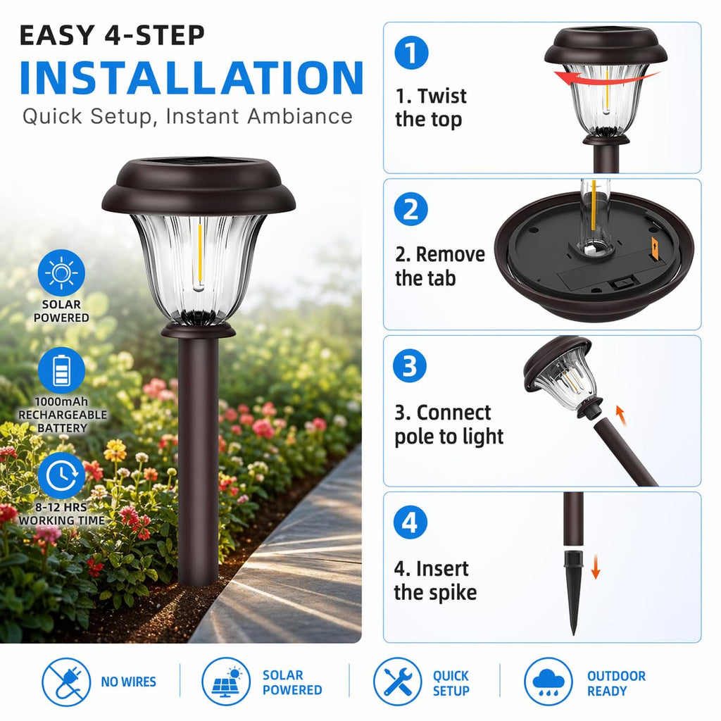 8 Pack Solar Lights Outdoor Pathway, Stainless Steel Glass Solar Garden Lights, Auto On/Off Long-Lasting Waterproof