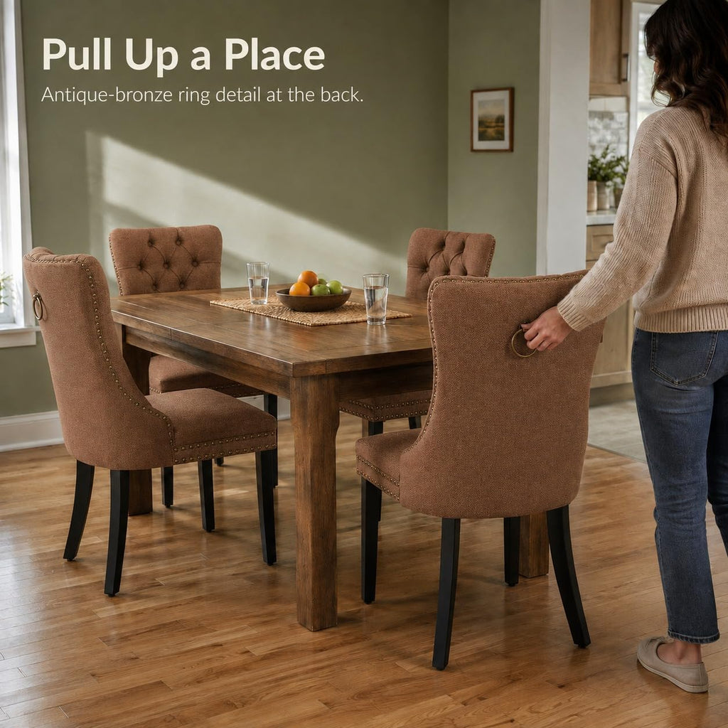 Brown Linen Dining Chairs Set of 8, Tufted Kitchen & Dining Room Chairs