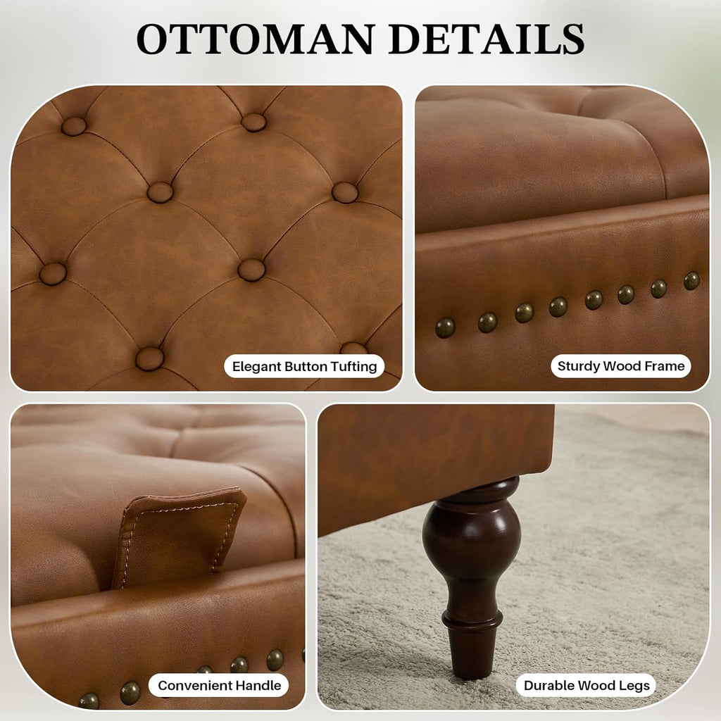 Square Ottoman Coffee Table, Large Leather Ottoman with Storage | Oversized Footstool, Anti-Slip Embedded Lid, Brass