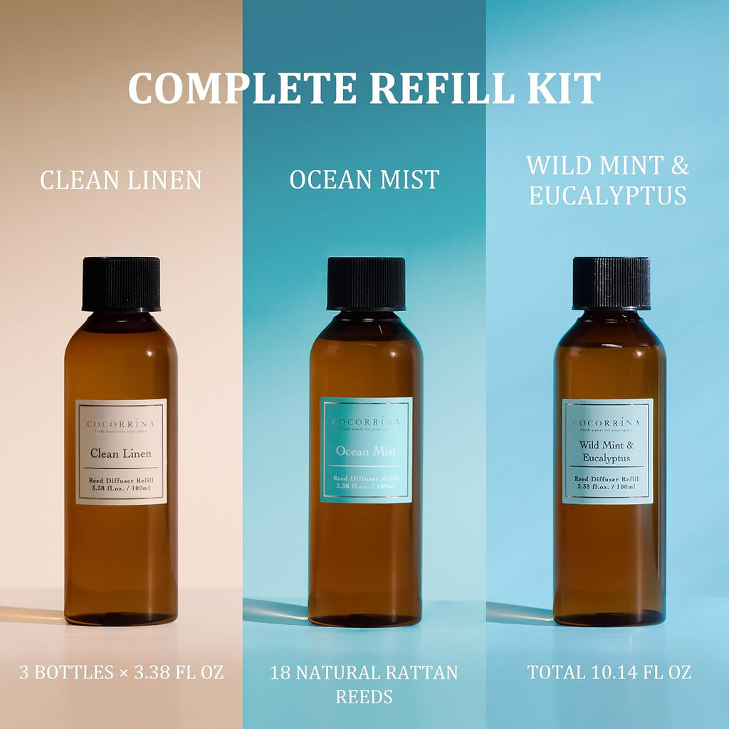 Reed Diffuser Refill Set, 10.2oz Scented Oil Refill 3 Pack, Clean Linen, Ocean Mist, Eucalyptus & Moss, Long Lasting - Set of 3