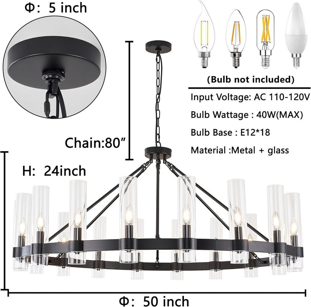 Black Wagon Wheel Chandelier with Glass Shape Large Farmhouse Chandeliers Lighting,Hanging Ceiling Round Pendant Light Fixtures for High Ceiling (Black + Glass Shape) A115-B0D1KDQ3HZ
