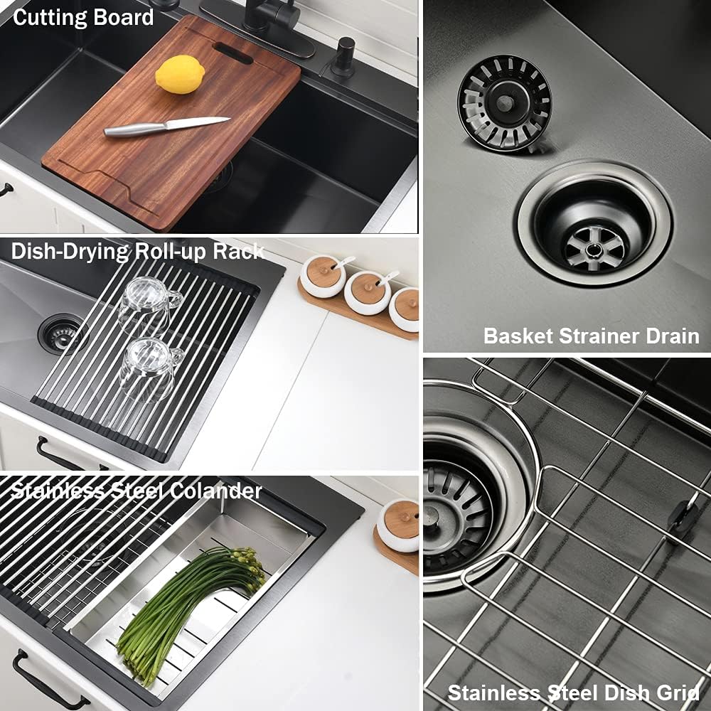 33 Inch Black Drop Sink - VOKIM33x22Inch Top Mount Sink | Workstation Stainless Steel Drop In Sink 16 Gauge Single