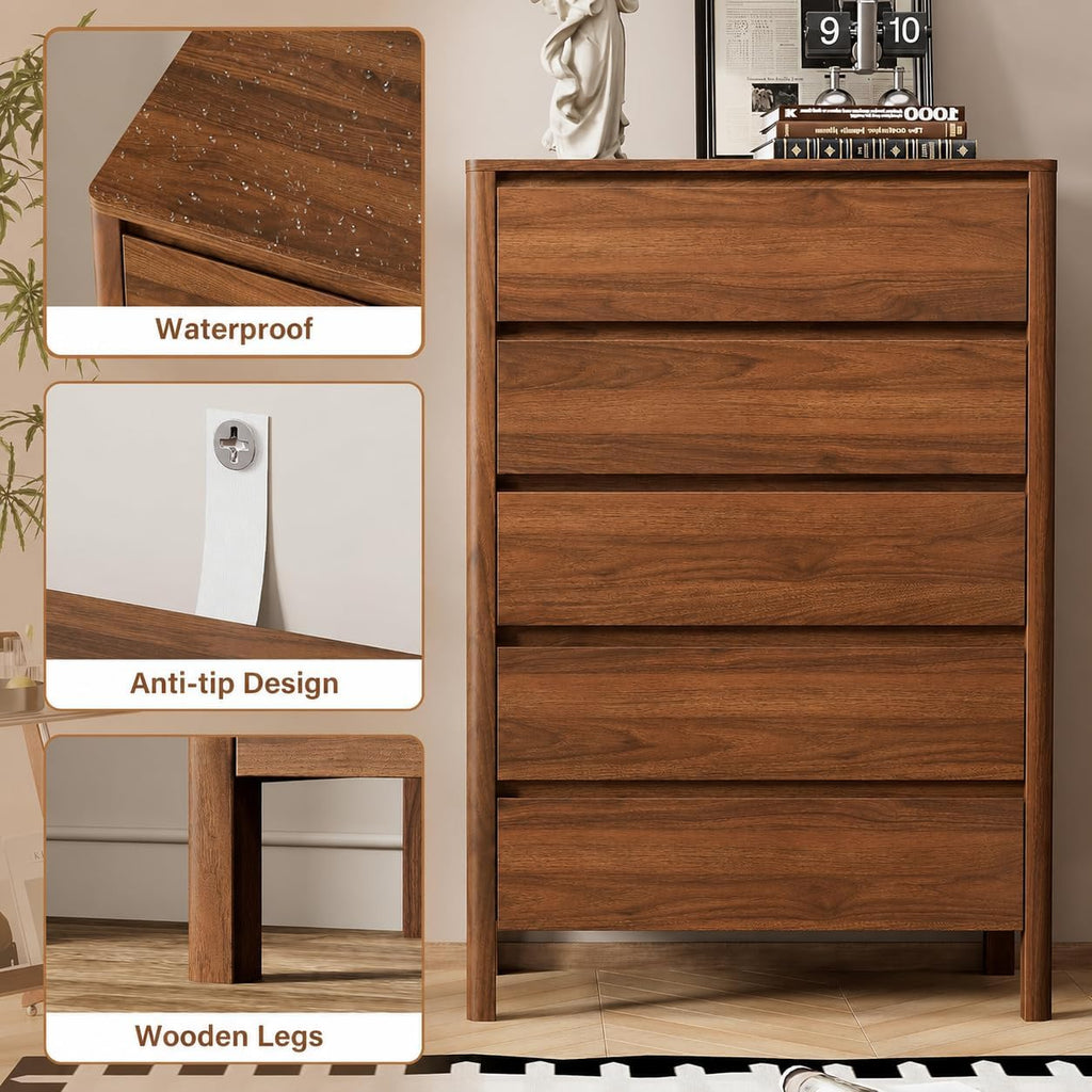 Walnut Mid-Century Modern 3 Piece Bedroom Furniture Set, 6 Drawer Dresser with Handleless Wood Grain Design and