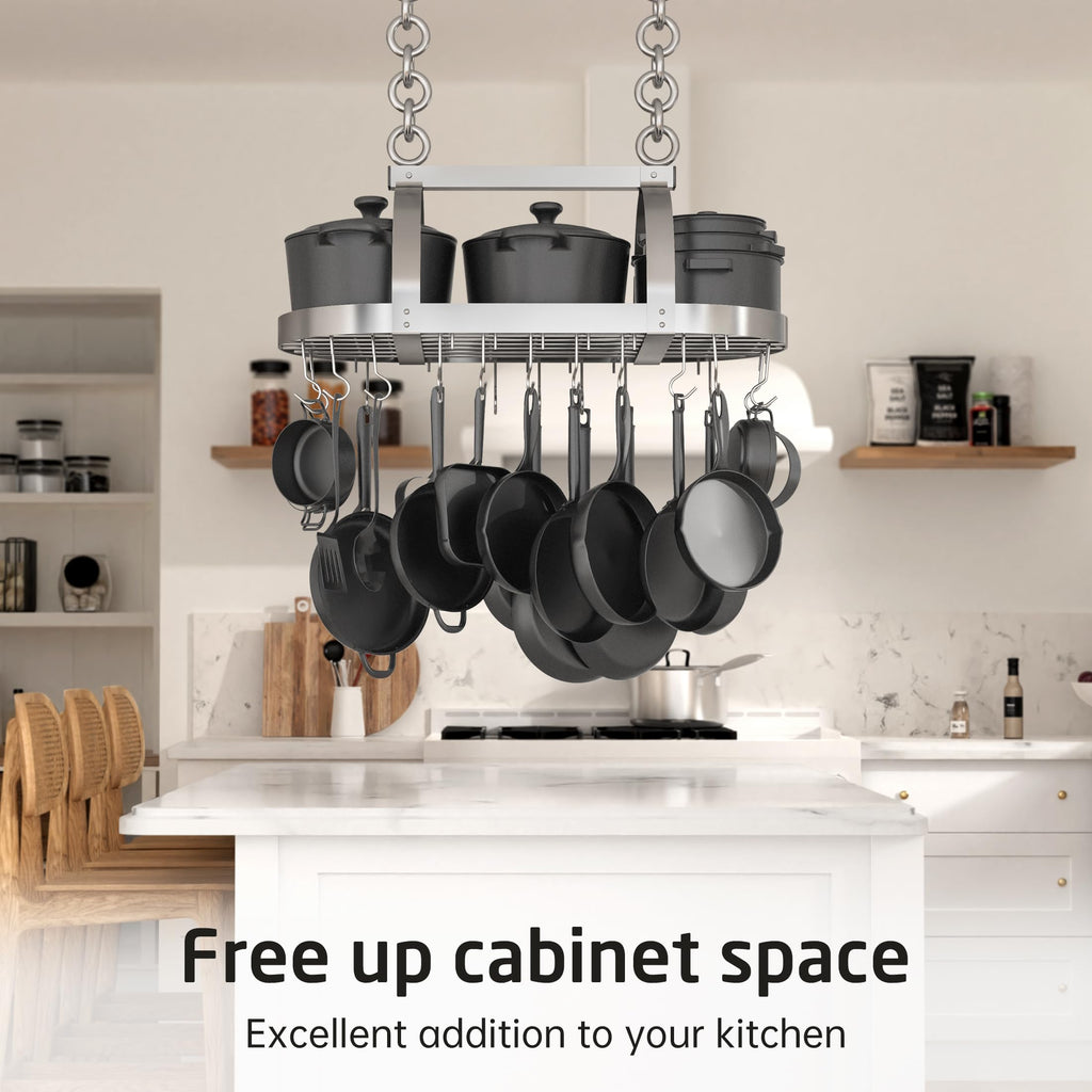 34 Inch Heavy Duty Chrome Hanging Pot Rack Ceiling Mount, Oval Pot and Pan Hanging Rack, Pan Hanger Storage Organizer